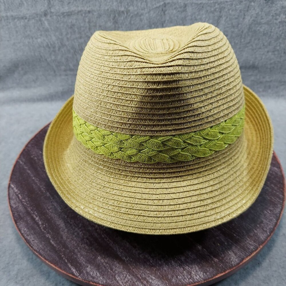 Tan Straw Fedora Hat W/ Green Braided Band Lightweight Summer Style One Size Fit